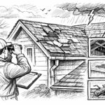 Hand-drawn sketch of a roofing professional inspecting storm damage on a residential roof